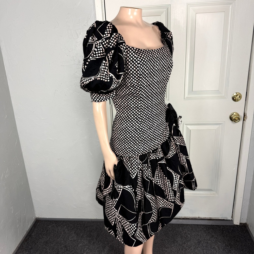 Vintage Victor Costa Neiman Marcus Women's Dress 8 Cotton Puff Sleeve Party F3-3 - Picture 6 of 9